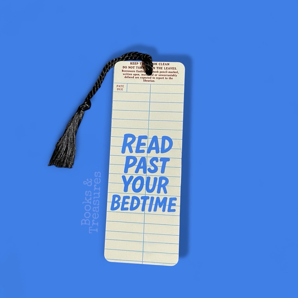 read Past Your Bedtime Metal Bookmark - Library Card Design with Tassel